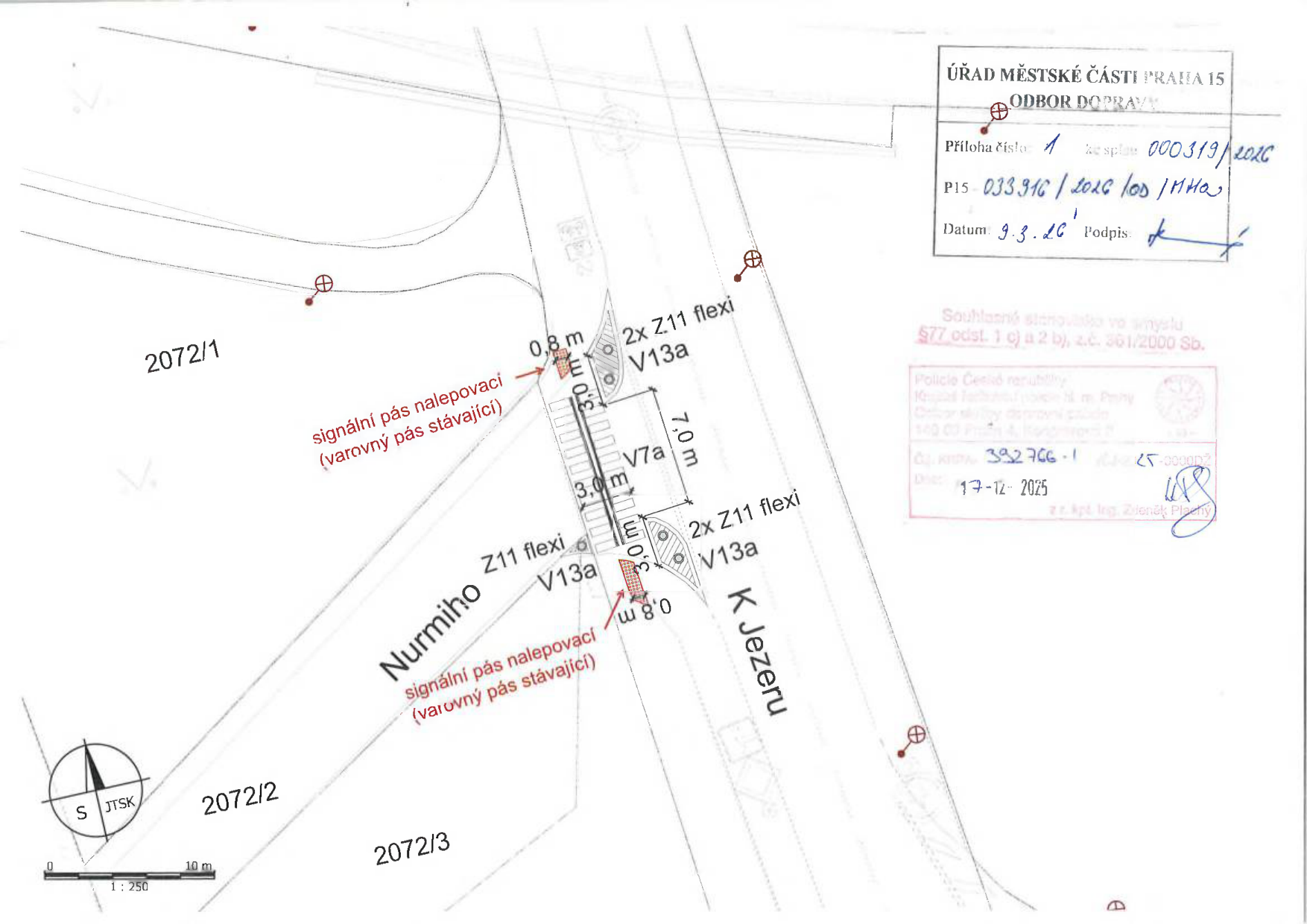 Situační nákres dopravního značení a přechodu pro chodce na ulici K Jezeru.