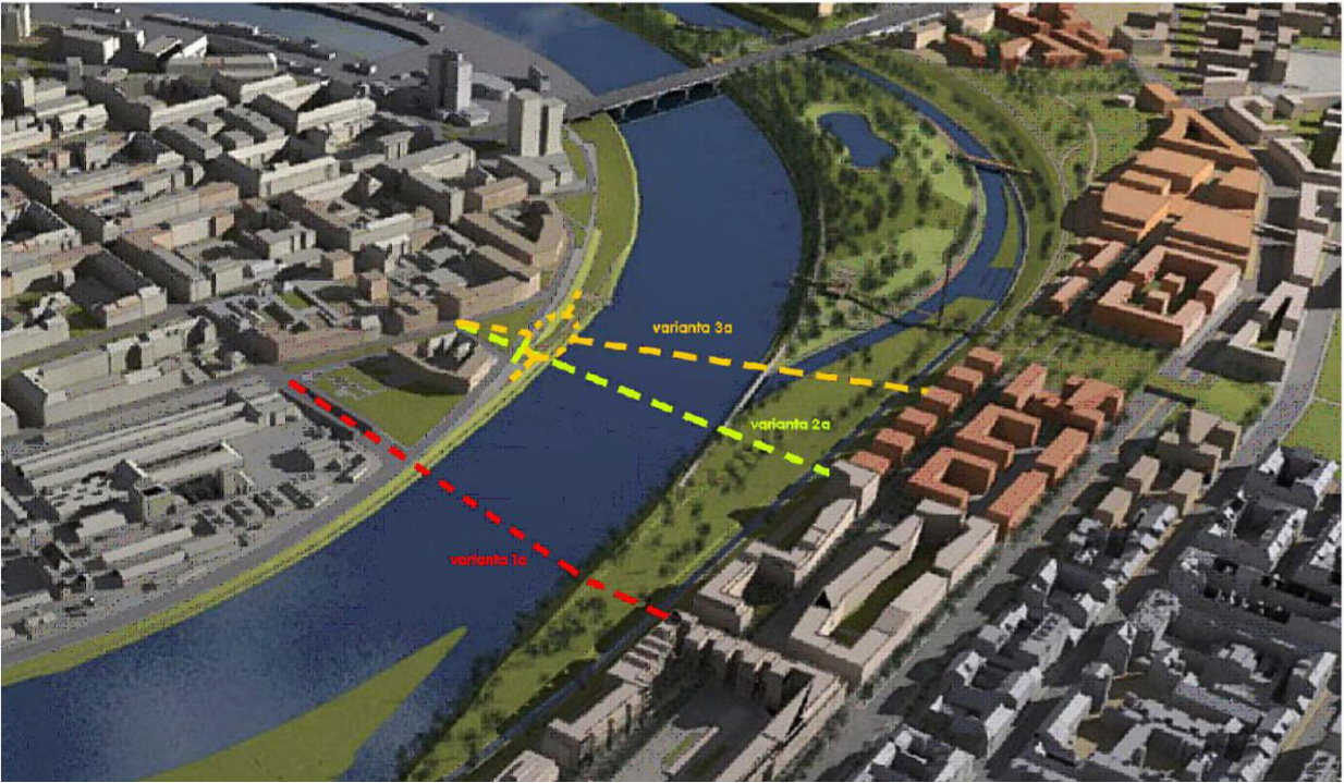 Vizualizace projektu plánovaného mostu přes řeku se třemi variantami trasování: varianta 1a (červená přerušovaná čára), varianta 2a (světle zelená přerušovaná čára) a varianta 3a (žlutá přerušovaná čára).