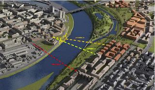 Vizualizace projektu plánovaného mostu přes řeku se třemi variantami trasování: varianta 1a (červená přerušovaná čára), varianta 2a (světle zelená přerušovaná…