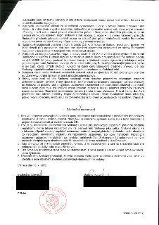 Naskenovaná stránka smlouvy (strana 6 z 7). Obsahuje text odstavců 5 až 8 a 9 článku týkajícího se odstoupení od smlouvy a smluvních pokut, dále oddíl 'V. Závě…