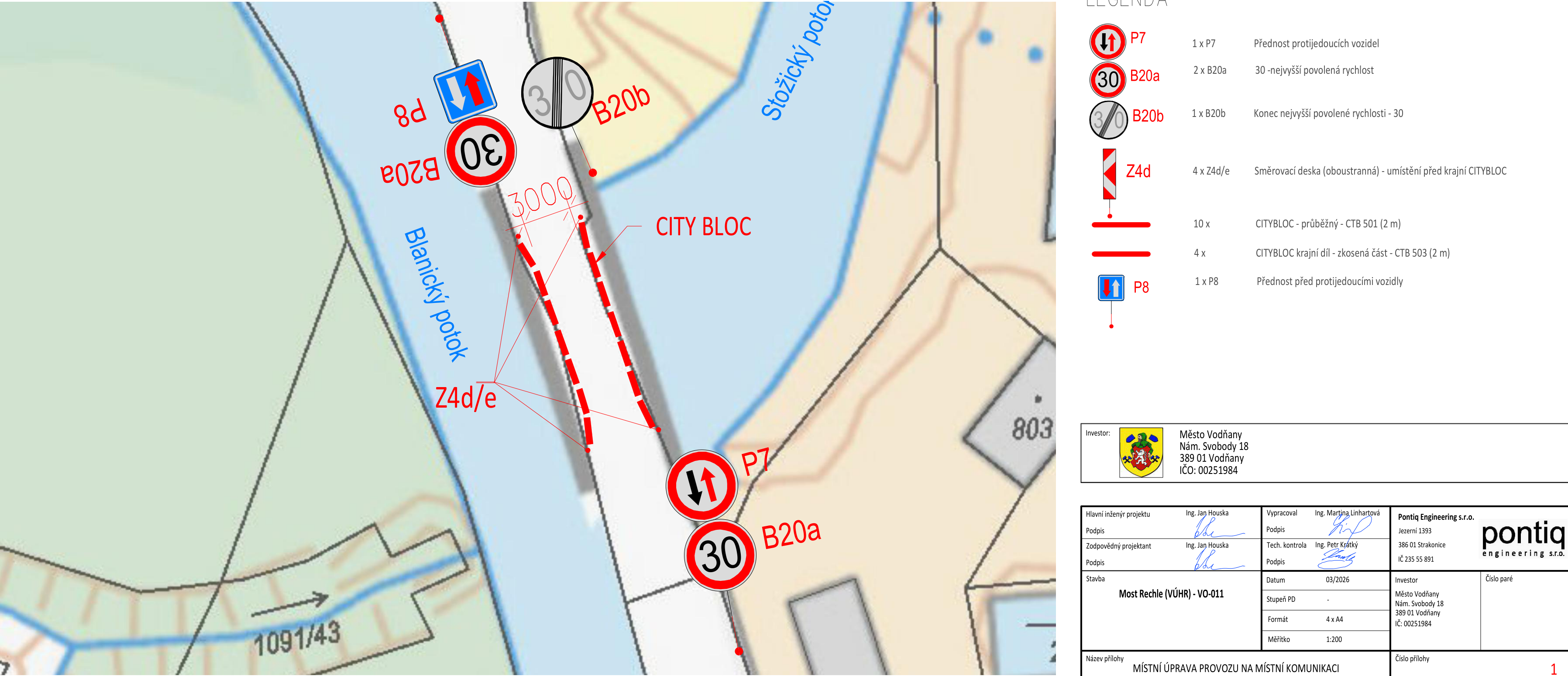 Situační nákres dopravního značení pro stavbu 'Most Rechle (VÚHR) - VO-011'. Mapa zobrazuje umístění dopravních značek: P7 (Přednost protijedoucích vozidel), B20a (30 - nejvyšší povolená rychlost), B20b (Konec nejvyšší povolené rychlosti - 30), P8 (Přednost před protijedoucími vozidly) a Z4d (Směrovací deska). Dále je zakresleno umístění prvků CITYBLOC (průběžné a krajní díly) na komunikaci u Blanického potoka. Dokument obsahuje legendu značek, razítko Města Vodňany, podpisy projektantů, datum 03/2026 a technické údaje o projektu.