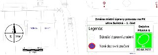 Změna místní úpravy provozu na PK, ulice Sušická - 1. část. Dejvice, PRAHA 6. Legenda: Stávající dopravní značení; Nové dopravní značení. Datum: 05.08.2026. Mě…
