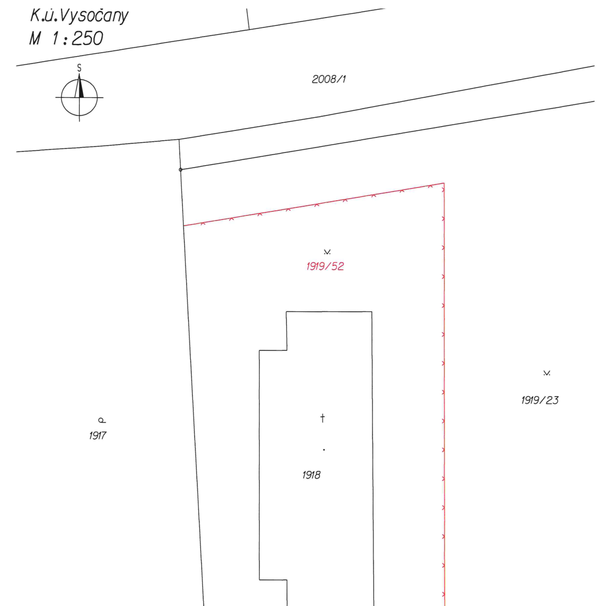 Výřez katastrální mapy v měřítku 1:250 pro k.ú. Vysočany. Zobrazeny parcely č. 2008/1, 1919/52 (s vyznačenou budovou č. 1918), 1919/23 a 1917. Červenou barvou je vyznačena hranice pozemku.