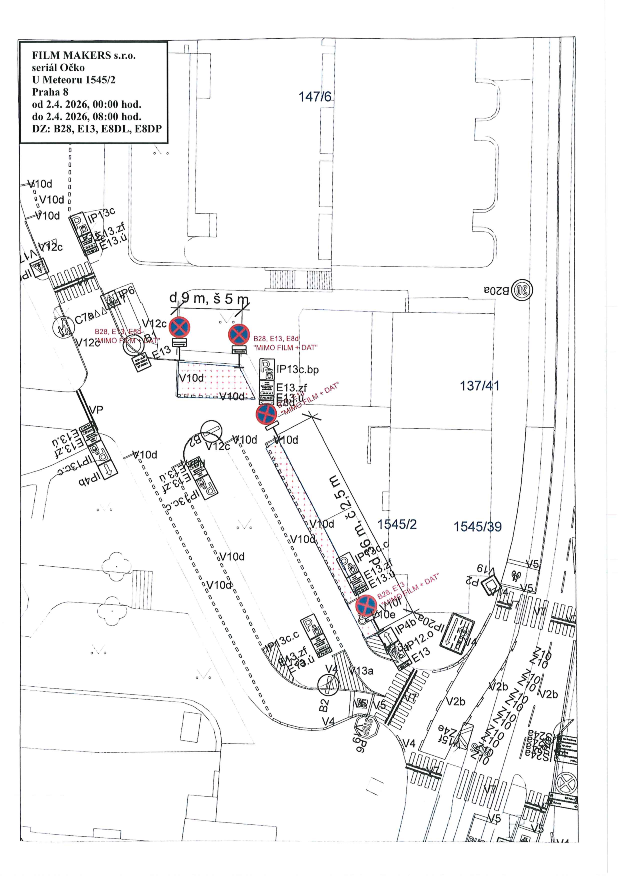 Situační nákres dopravního značení pro zábor veřejného prostranství z důvodu filmování.