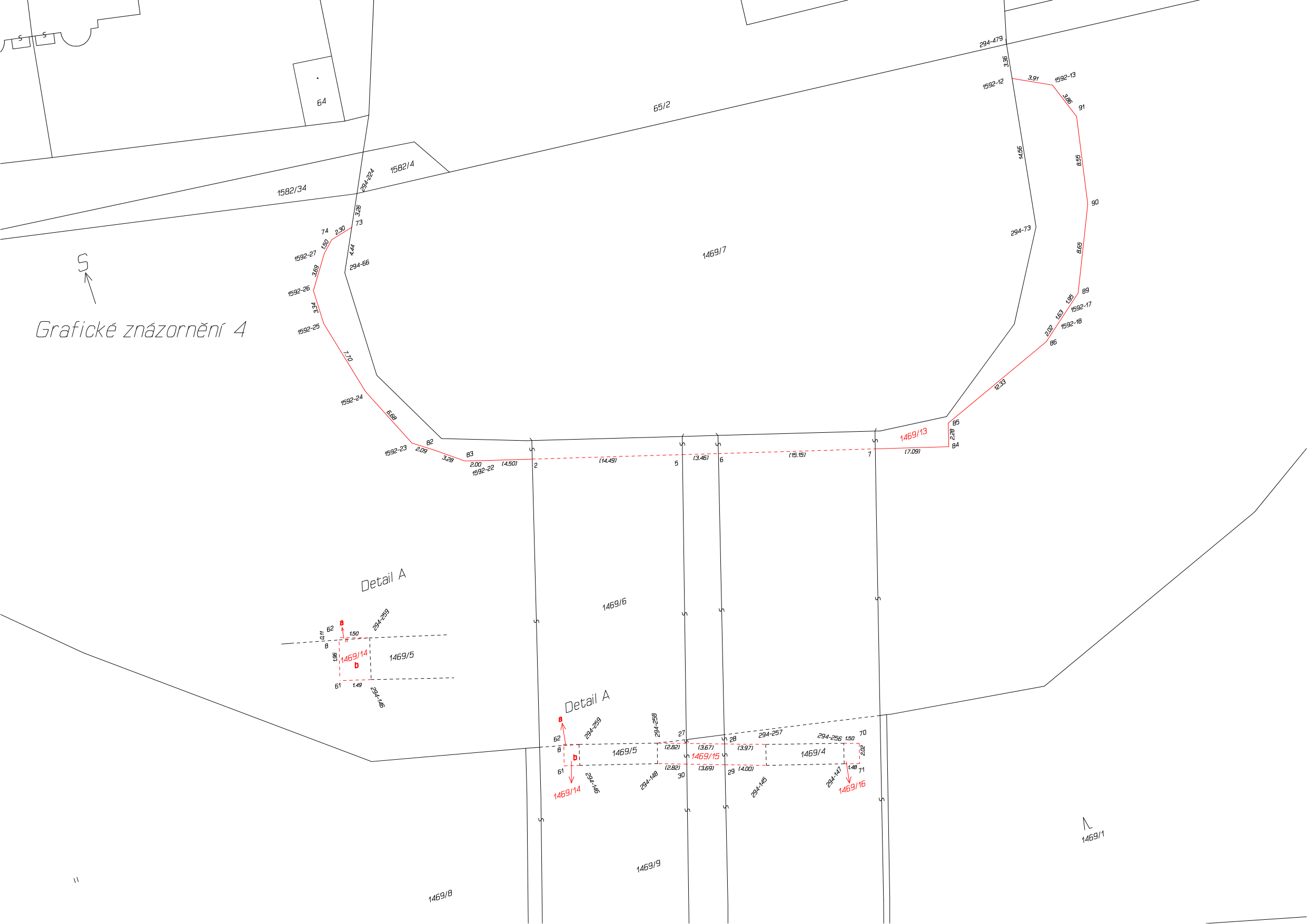 Katastrální situační nákres (Grafické znázornění 4) zobrazující rozdělení a vymezení parcel v katastrálním území. V mapě jsou vyznačena čísla parcel: 64, 65/2, 1582/34, 1582/4, 294-66, 1469/7, 1469/13, 1469/6, 1469/5, 1469/14, 1469/15, 1469/4, 1469/16, 1469/9, 1469/8, 1469/1. Dále jsou uvedeny identifikační body (např. 1592-12, 1592-13, 1592-17, 1592-18, 1592-23, 1592-22, 294-259, 294-258, 294-257, 294-256, 294-146, 294-145, 294-147) a rozměry hranic pozemků v metrech. Obsahuje detailní výřezy označené jako 'Detail A'.
