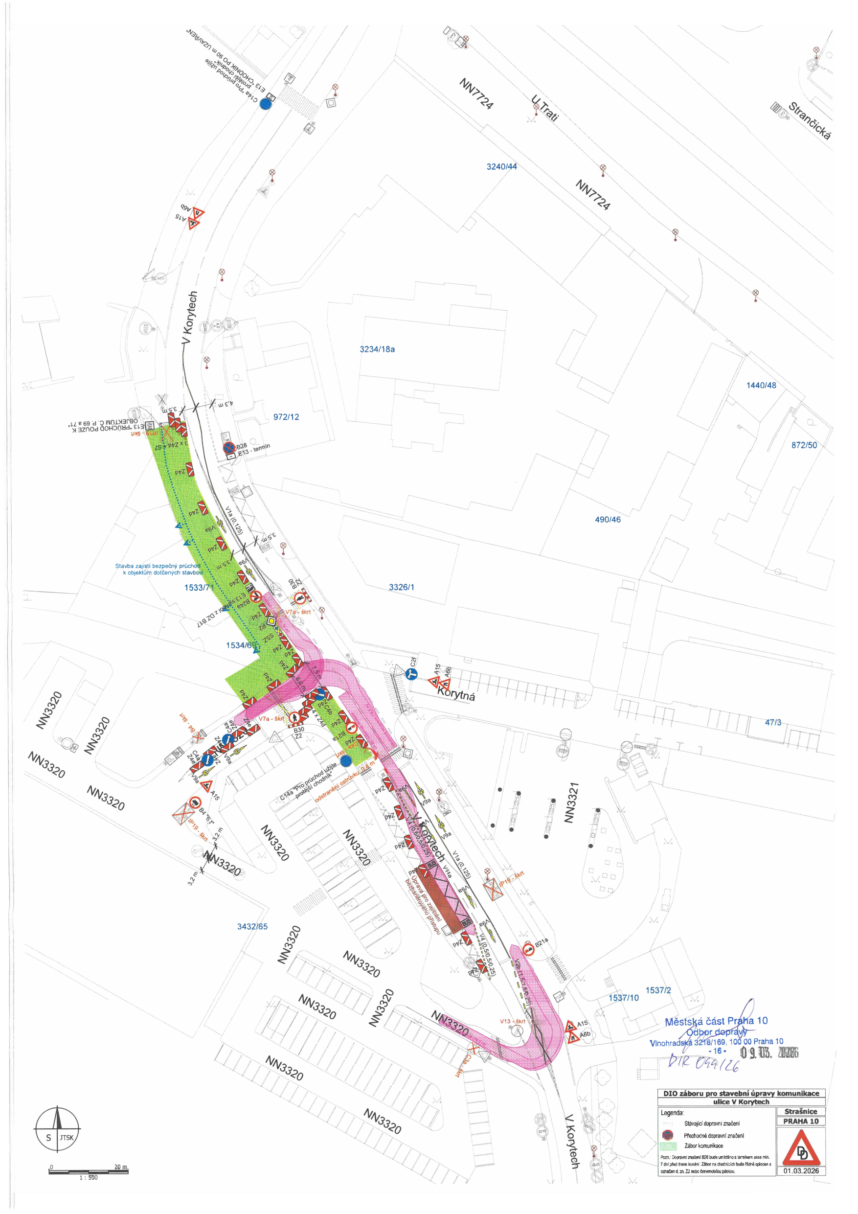 DIO (Dočasné dopravní značení) pro stavební úpravy komunikace v ulici V Korytech.