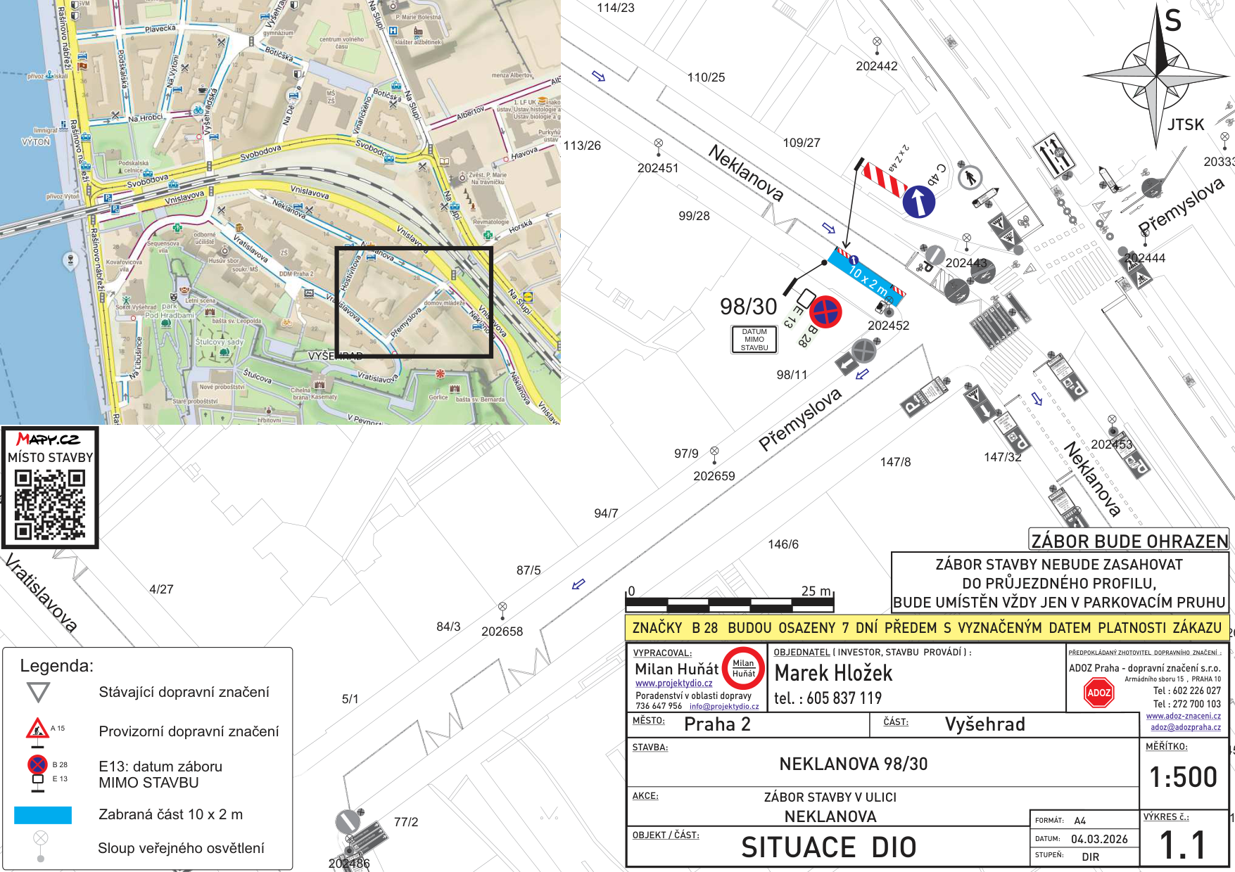 Situační nákres dopravního značení a záboru veřejného prostranství v ulici Neklanova v Praze 2.