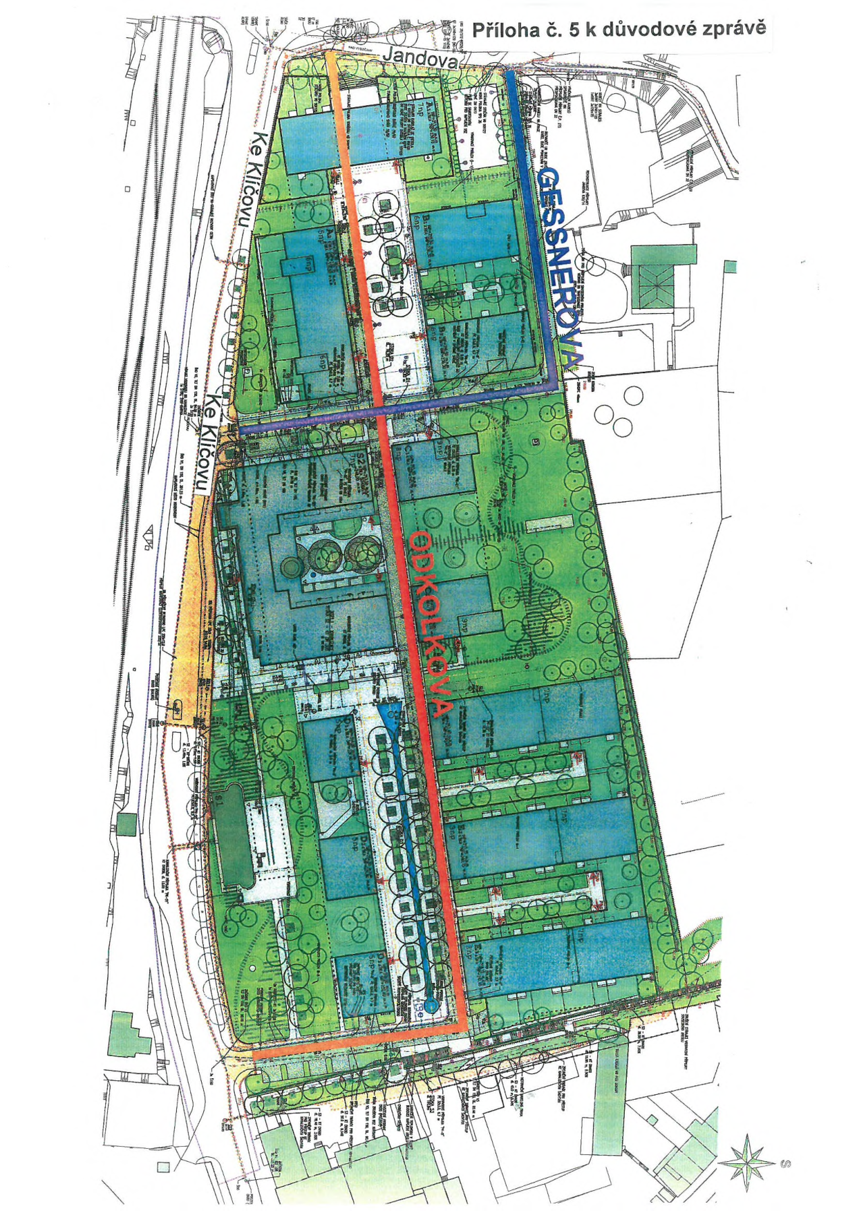 Situační plán výstavby (příloha č. 5 k důvodové zprávě). Mapa zobrazuje urbanistický návrh zástavby s vyznačenými ulicemi: Jandova (horní okraj), Gessnerova (vpravo), Odkolkova (středová osa) a Ke Klíčovu (vlevo). Plán obsahuje půdorysy budov (označené písmeny A, B, C, D), zelené plochy, stromy a komunikační trasy. V pravém dolním rohu je umístěna růžice světových stran.