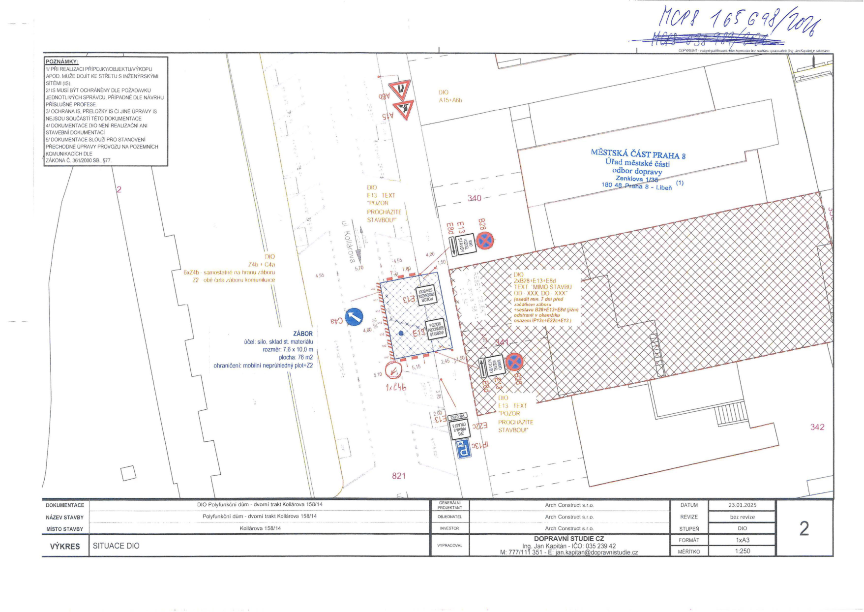 Situační nákres dopravního značení (DIO) pro zábor pozemku v rámci stavební činnosti na adrese Kollárova 158/14.