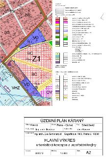 Hlavní výkres územního plánu obce Káraný (okres Praha-východ, Středočeský kraj), zpracovaný v srpnu 2012 (Ing. arch. Eva Sommerová). Mapa zobrazuje urbanistick…