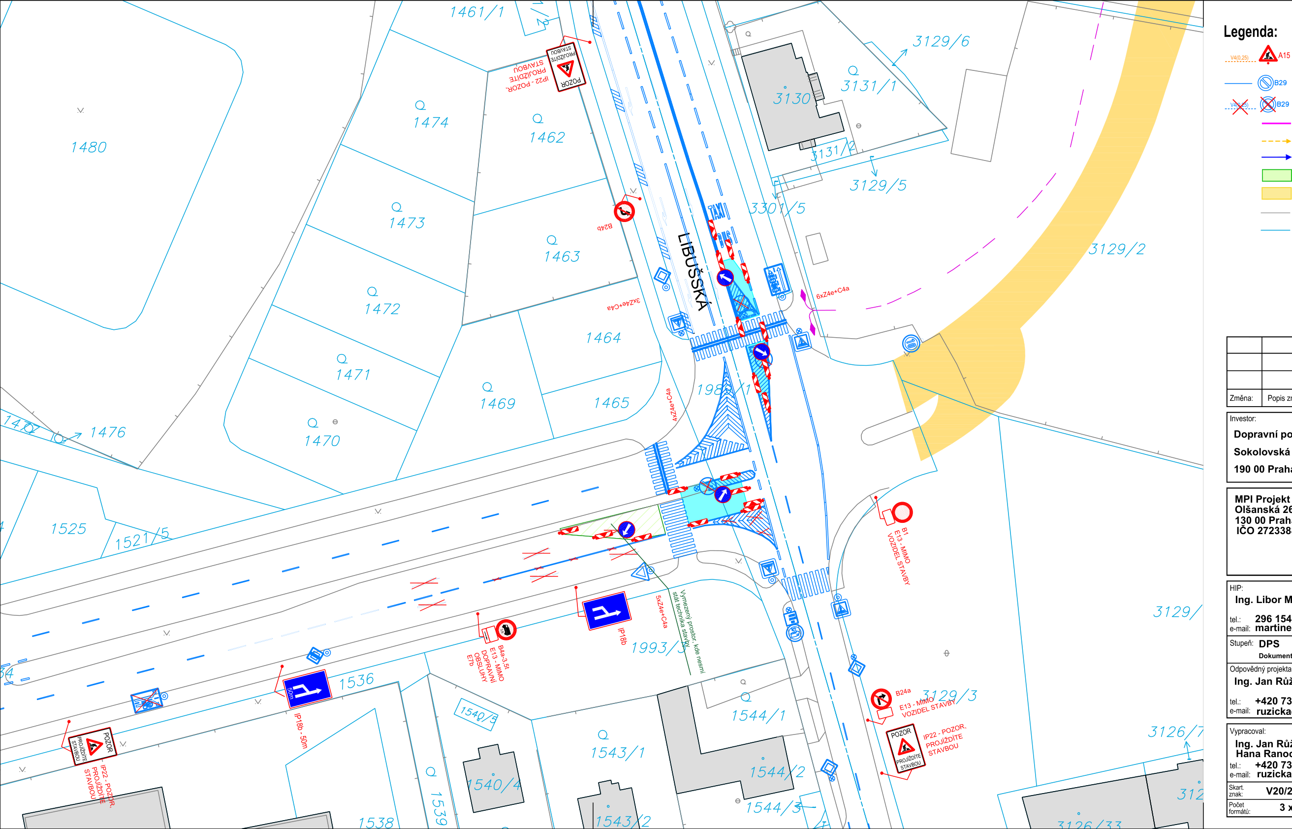 Projekt dopravního značení pro stavbu v ulici Libušská. Dokument obsahuje situační nákres dopravního značení (zákazy vjezdu, příkazové značky, značky 'Pozor stavba' IP22, dopravní kužely). Investor: Dopravní podnik hl. m. Prahy, a.s., Sokolovská 217/42, 190 00 Praha 9. Projektant: MPI Projekt s.r.o., Olšanská 2643/1a, 130 00 Praha 3, IČO 27233861. Hlavní inženýr projektu (HIP): Ing. Libor Martínek, tel.: 296 154 111, e-mail: martinek@mpiprojekt.cz. Stupeň: DPS. Odpovědný projektant: Ing. Jan Růžička, tel.: +420 731 444 444, e-mail: ruzicka@mpiprojekt.cz. Vypracoval: Ing. Jan Růžička, Hana Ranochová, tel.: +420 731 444 444, e-mail: ruzicka@mpiprojekt.cz. Číslo zakázky: V20/2024.