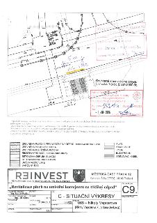 Situační výkres projektu 'Revitalizace ploch na umístění kontejnerů na tříděný odpad', Městská část Praha 12, Generála Šišky 2375/6, projektant REINVEST spol.…