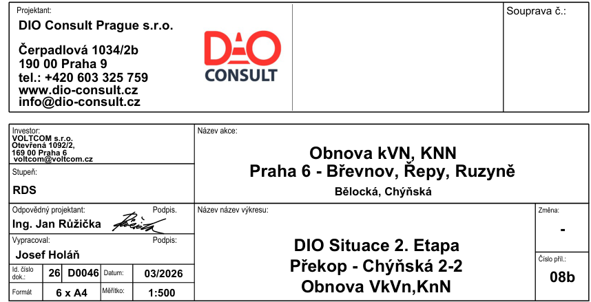 Projektová dokumentace (RDS) pro akci 'Obnova kVN, KNN Praha 6 - Břevnov, Řepy, Ruzyně', lokalita Bělocká, Chýňská. Název výkresu: 'DIO Situace 2. Etapa Překop - Chýňská 2-2 Obnova VkVn, KnN'. Projektant: DIO Consult Prague s.r.o., Čerpadlová 1034/2b, 190 00 Praha 9, tel.: +420 603 325 759, www.dio-consult.cz, info@dio-consult.cz. Investor: VOLTCOM s.r.o., Otevřená 1092/2, 169 00 Praha 6, voltcom@voltcom.cz. Odpovědný projektant: Ing. Jan Růžička, vypracoval: Josef Holán. Datum: 03/2026, měřítko: 1:500, id. číslo dok.: 26 D0046, formát: 6 x A4, číslo přílohy: 08b.