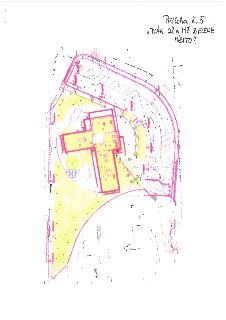 Situační plán stavby označený jako 'Příloha č. 5' s názvem 'PLÁN ZŠ a MŠ ZELENÉ MĚSTO'. Mapa zobrazuje půdorys budovy ve tvaru kříže umístěný na pozemku s vyzn…