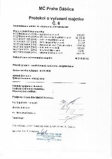 MČ Praha Ďáblice, Protokol o vyřazení majetku č. 6. Inventarizační místo: 14 – Knihovna, Osinalická 901. Seznam majetku: MC27M0000354 (1995) – stolní lampa v c…