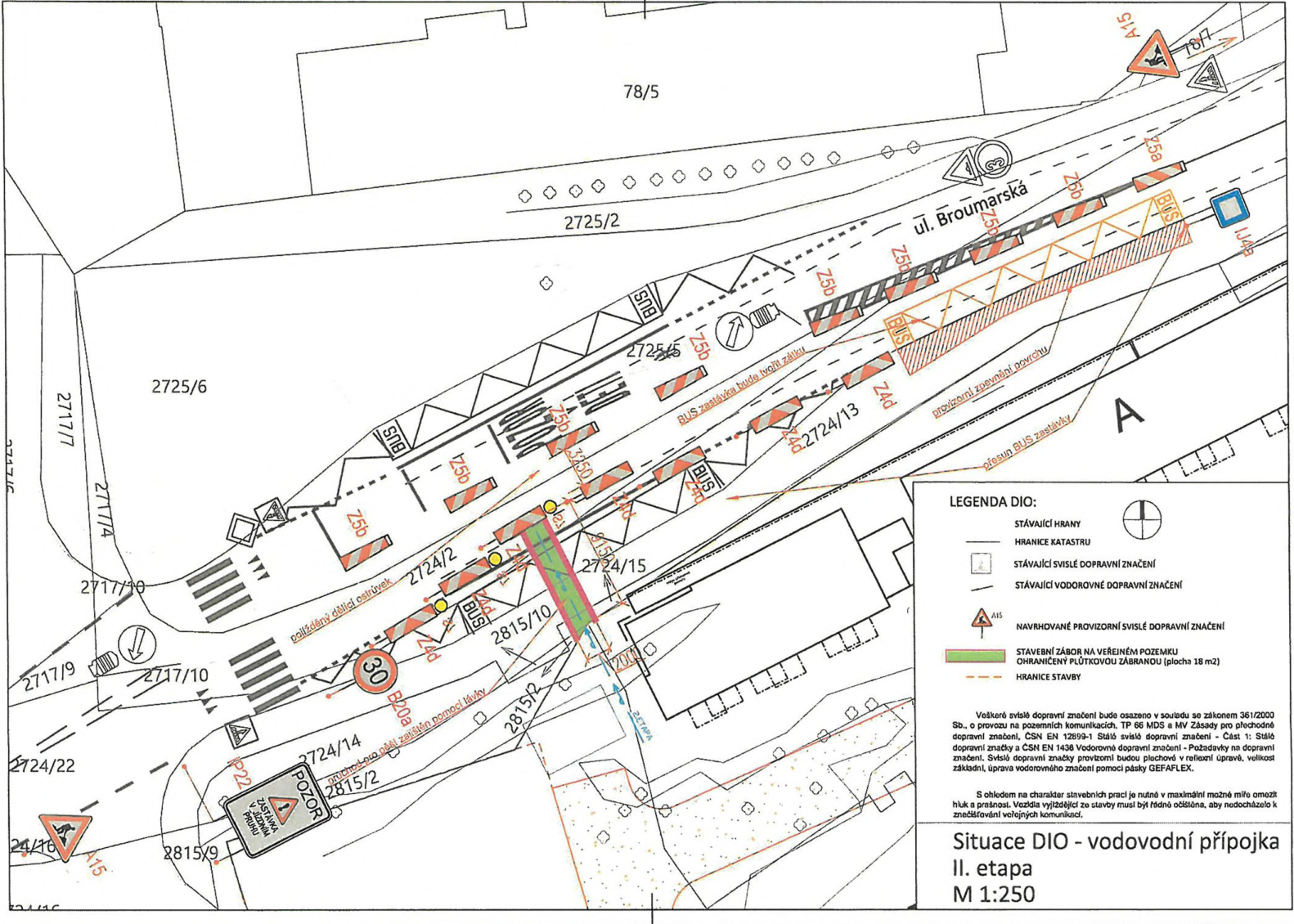 Situační nákres dopravního značení (DIO) pro stavbu vodovodní přípojky.