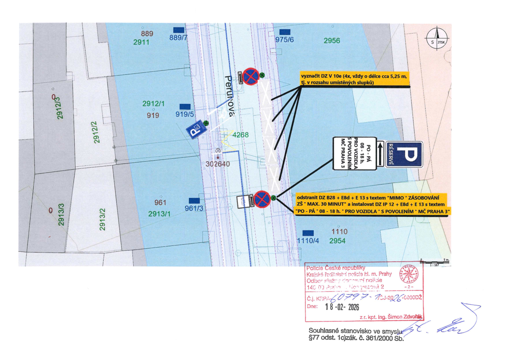 Dopravní situační plán s vyznačeným umístěním svislého dopravního značení na ulici Perunova.