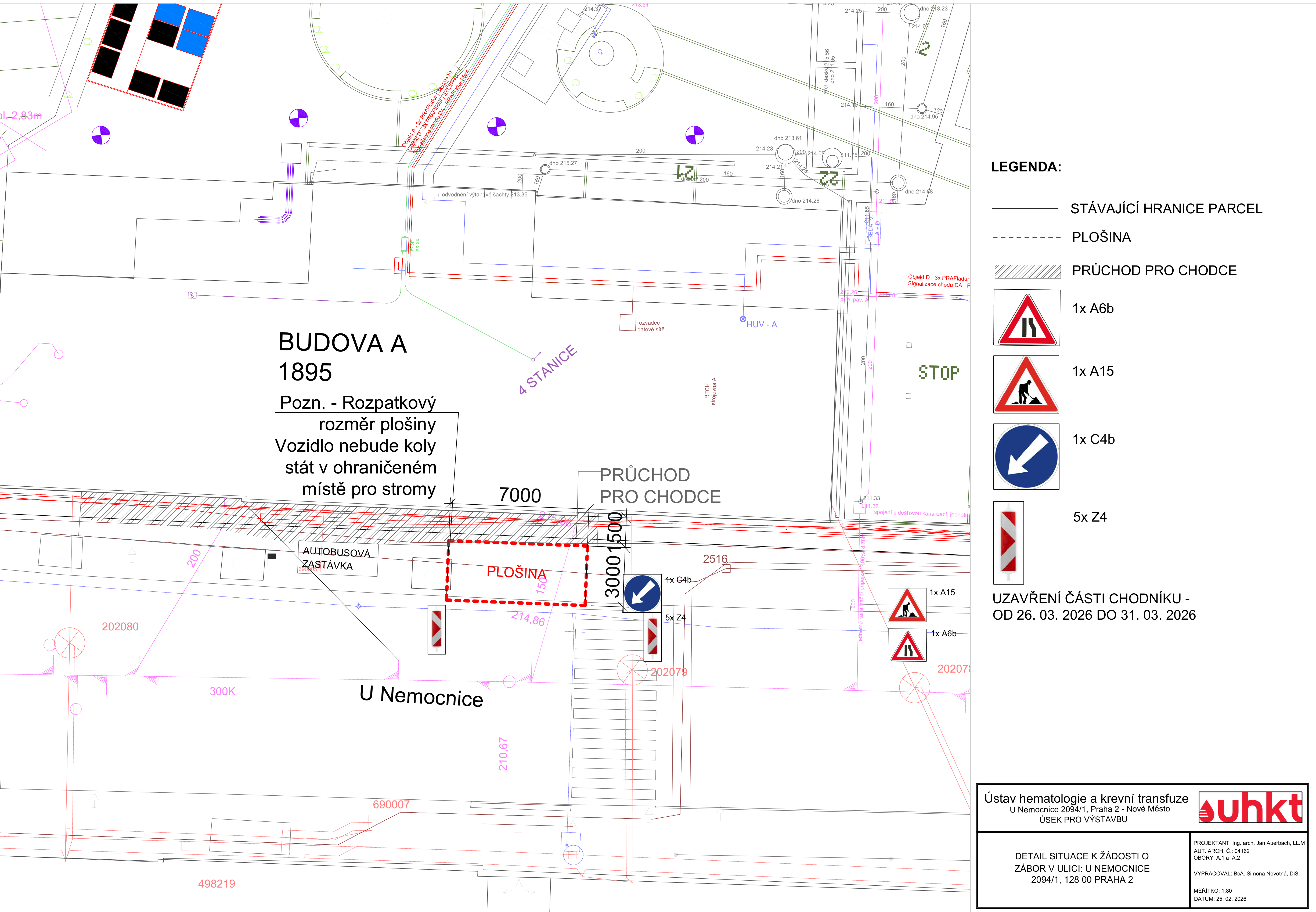 Koordinační situační výkres záboru chodníku v ulici U Nemocnice u budovy ÚHKT.