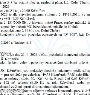 Naskenovaná stránka textového dokumentu týkající se nájmu pozemků (parc. č. 348/1a, ostatní plocha, neplodná půda, k.ú. Dolní Chabry, LV 1087, nájemní smlouva…
