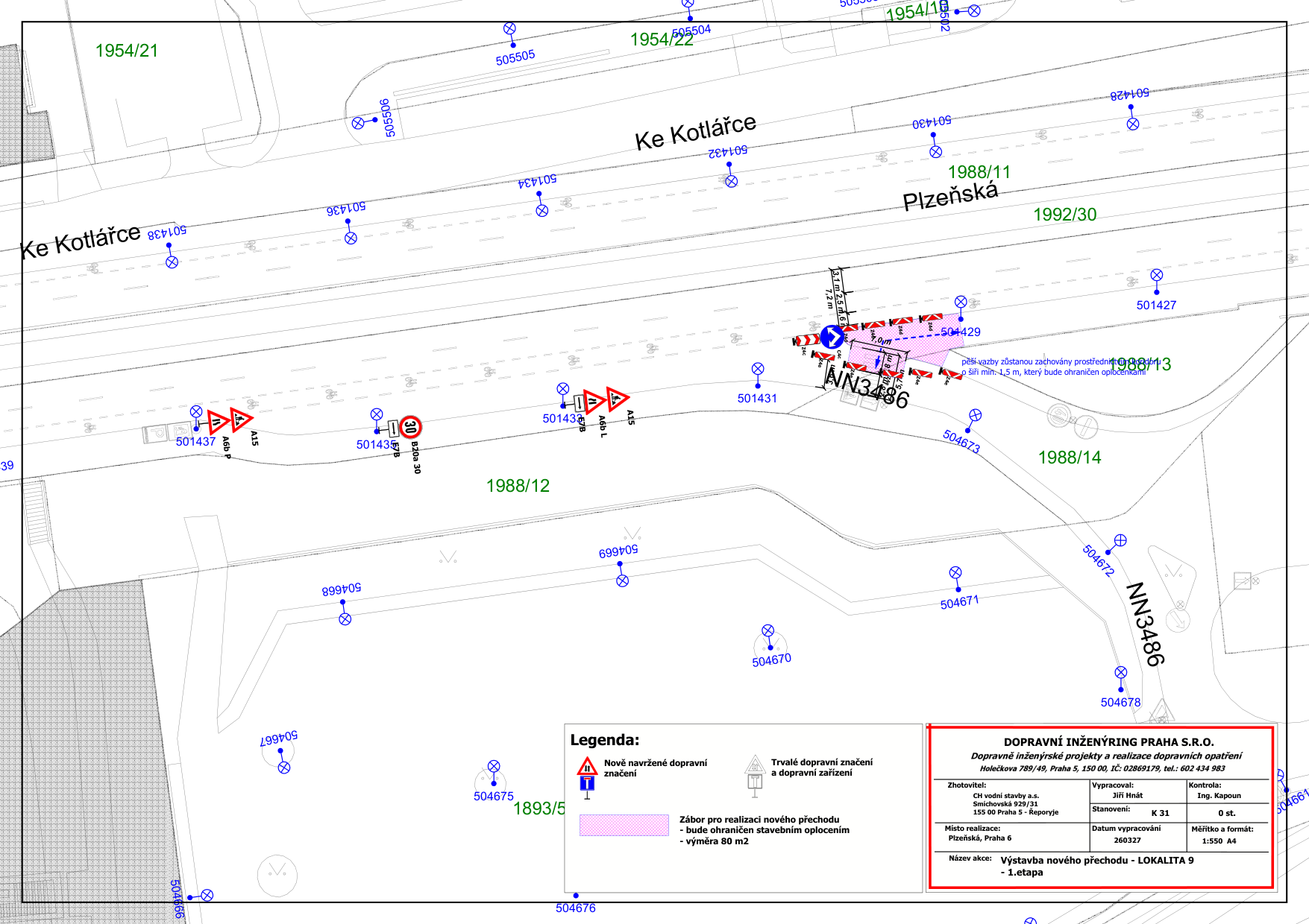 Situační plán stavby 'Výstavba nového přechodu - LOKALITA 9 - 1.etapa' na ulici Plzeňská v Praze 6. Plán obsahuje zakreslení nového přechodu pro chodce, dopravní značení (značky A15, B20a 30, směrové šipky), vymezení záboru pro realizaci (80 m2) a technické údaje o zachování průchodu pro pěší (min. 1,5 m). V rohu je tabulka s informacemi o zhotoviteli (CH vodní stavby a.s.), projektantovi (DOPRAVNÍ INŽENÝRING PRAHA S.R.O.) a technické parametry výkresu.