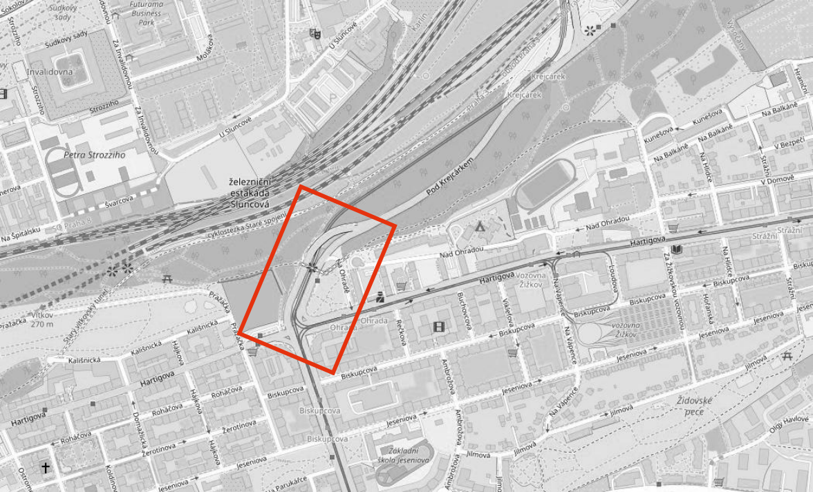 Situační mapa oblasti Ohrada v Praze 3, se zvýrazněným územím v okolí křižovatky ulic Hartigova, Pražačka a Biskupcova. Zobrazené ulice a lokality: Hartigova, Pražačka, Biskupcova, Na Ohradě, Rečkova, Buchovcova, Viklefova, Na Vápence, Ambrožova, Jilmová, Jeseniova, Roháčova, Žerotínova, Hájková, Kolišnická, Židovské pece, Parukářka, Základní škola Jeseniova, Vozovna Žižkov, Železniční estakáda Sluncová, Cyklostezka Staré spojení, tunel Vítkov, Krejcárek, Pod Krejcárkem, Na Balkáně, Kunešova, Na Hlídce, V Bezpečí, Strážní, Biskupcova, Invalidovna, Petra Strozziho, U Sluncové, Futuroma Business Park.
