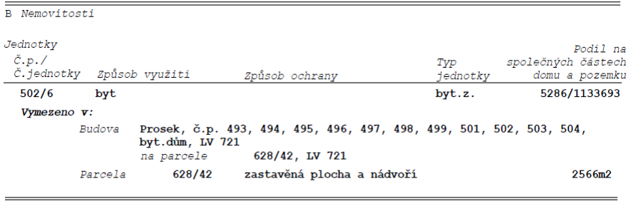 Výpis z katastru nemovitostí, část B: Nemovitosti. Jednotka č. 502/6, způsob využití: byt, typ jednotky: byt.z., podíl na společných částech domu a pozemku: 5286/1133693. Vymezeno v budově: Prosek, č.p. 493, 494, 495, 496, 497, 498, 499, 501, 502, 503, 504, byt.dům, LV 721, na parcele 628/42, LV 721. Parcela 628/42, způsob využití: zastavěná plocha a nádvoří, výměra: 2566 m2.