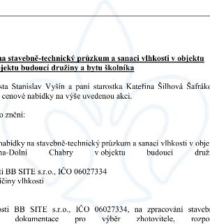 Naskenovaná stránka textového dokumentu týkajícího se stavebně-technického průzkumu a sanace vlhkosti v objektu budoucí družiny a bytu školníka. Text zmiňuje s…