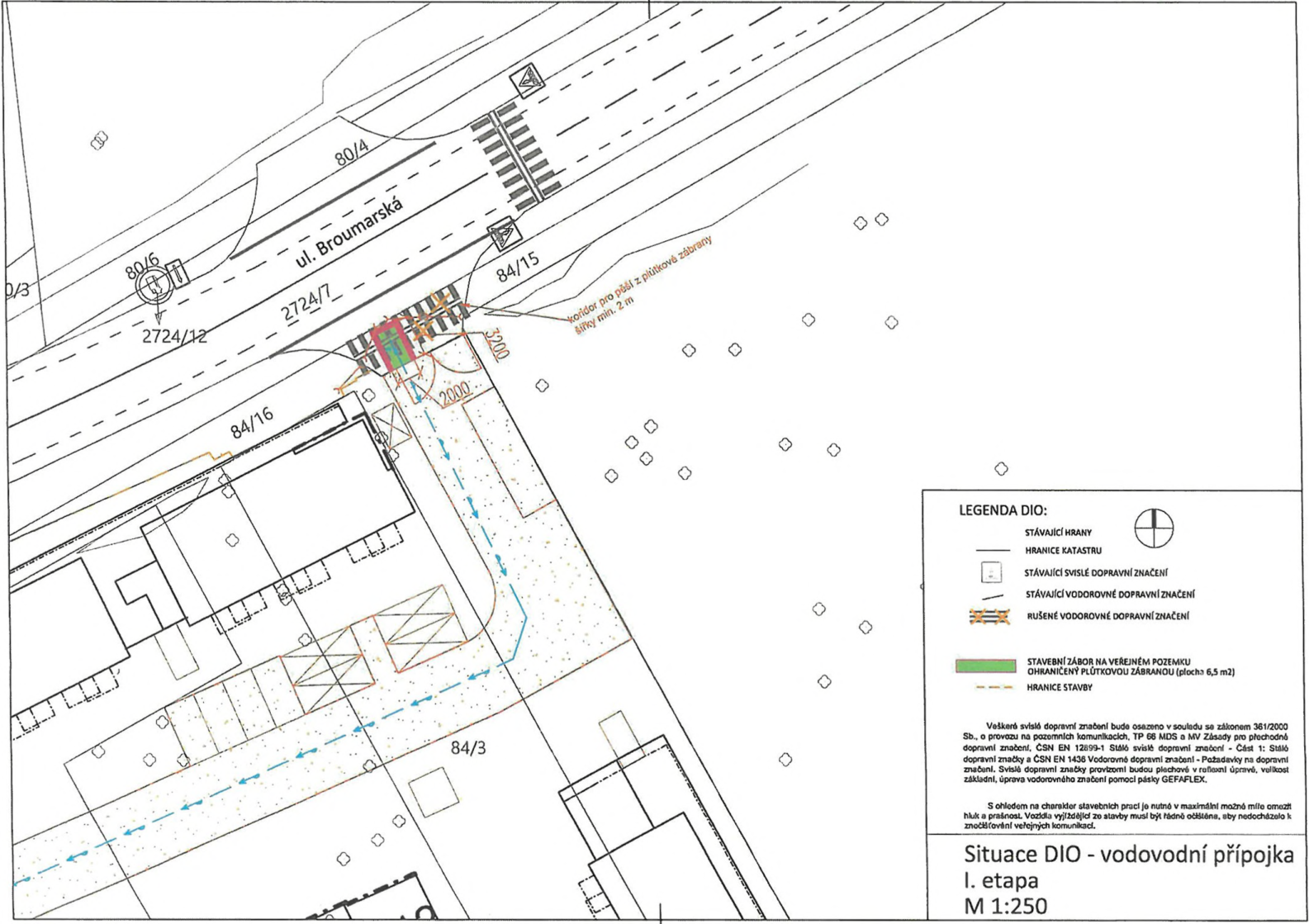 Situační nákres DIO (dopravně inženýrského opatření) pro stavbu vodovodní přípojky.