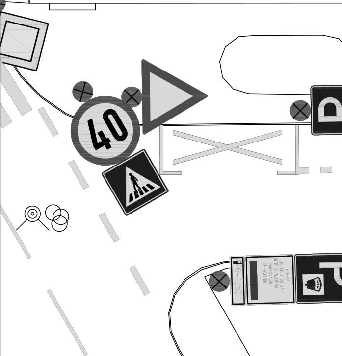 Situační nákres dopravního značení: dopravní značka omezení rychlosti na 40 km/h, značka přechodu pro chodce, značka dej přednost v jízdě a parkovací zóna s dodatkovou tabulkou: 'PO-PÁ 08-06 a 08-24 h NEBO S PLATNÝM PARKOVACÍM OPRÁVNĚNÍM', 'OBLAST 6', 'P6-1350'.