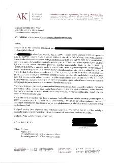 Právní dopis advokátní kanceláře Syrůčková, Pavlovský, Vaňková (se sídlem Plzeňská 232/4, Praha 5) adresovaný Magistrátu hlavního města Prahy. Věc: Nabídka k o…