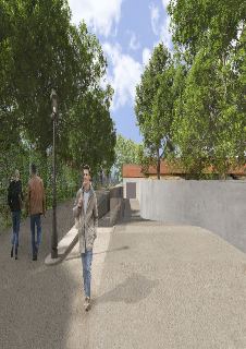 Vizualizace projektu: architektonický návrh venkovního prostranství s chodníkem, veřejným osvětlením, stromy a betonovou opěrnou zdí vedoucí k budově s oranžov…