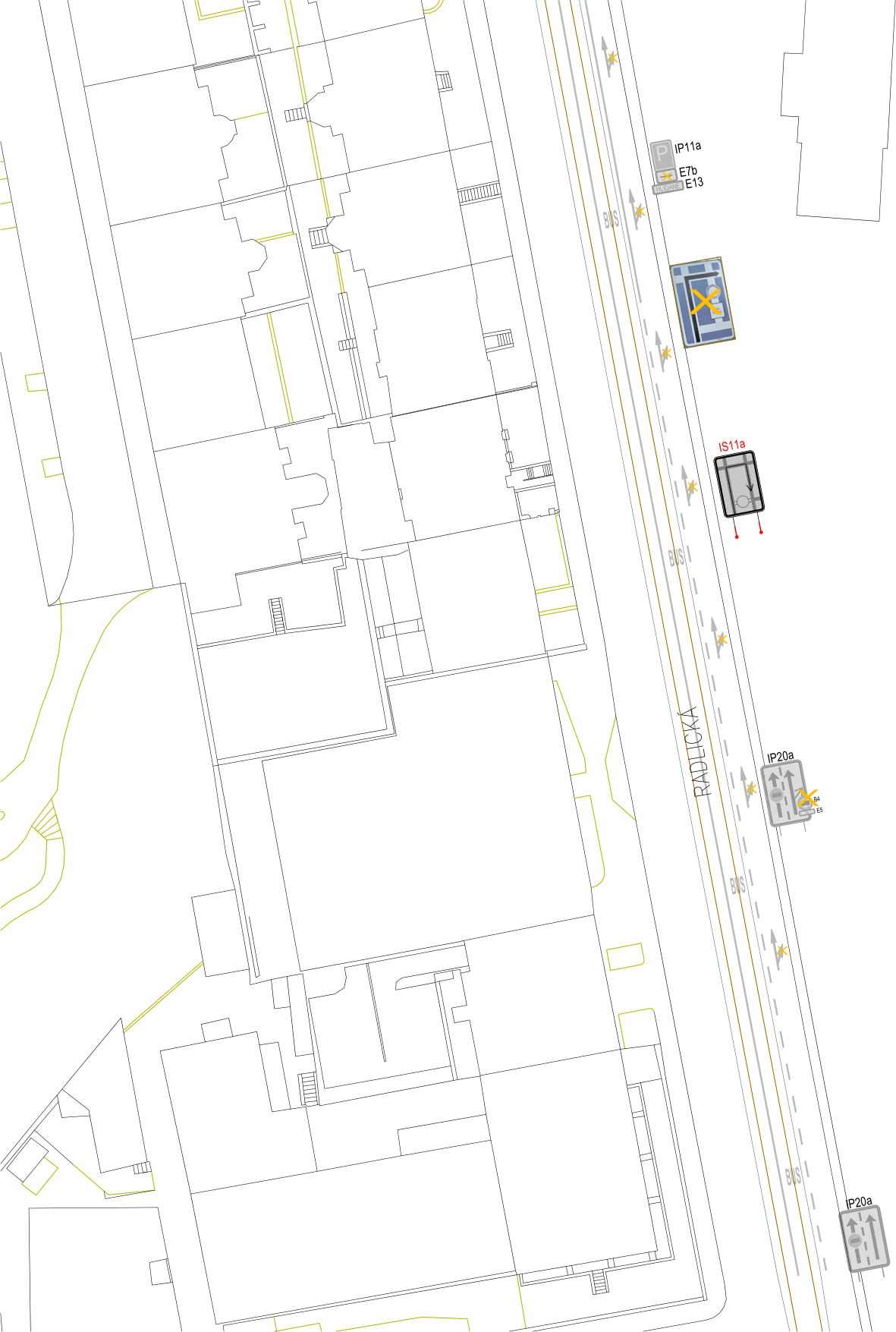 Koordinační výkres (situační plán) dopravního značení v ulici Radlická.