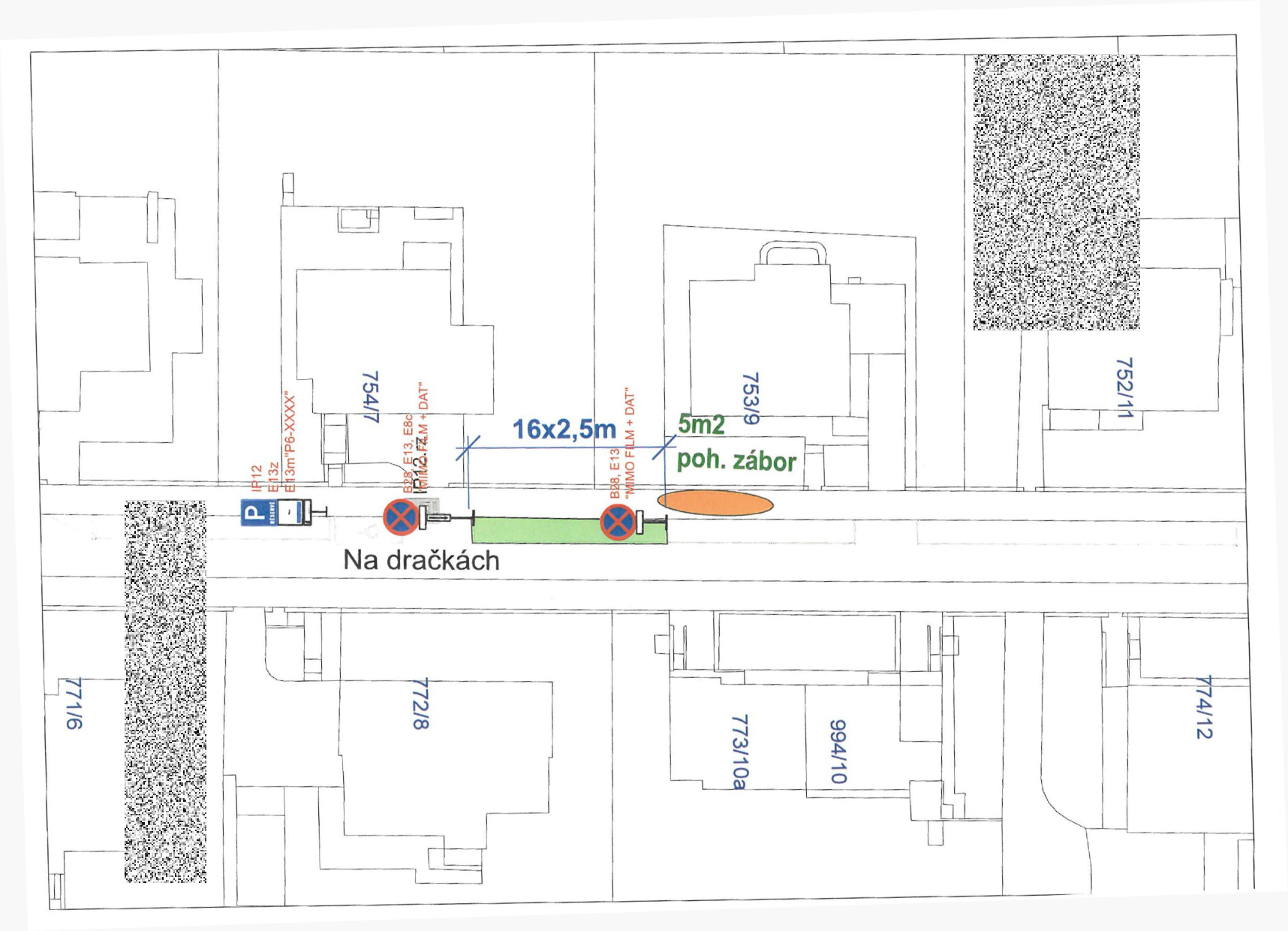 Situační nákres dopravního značení a záboru veřejného prostranství v ulici Na dračkách.