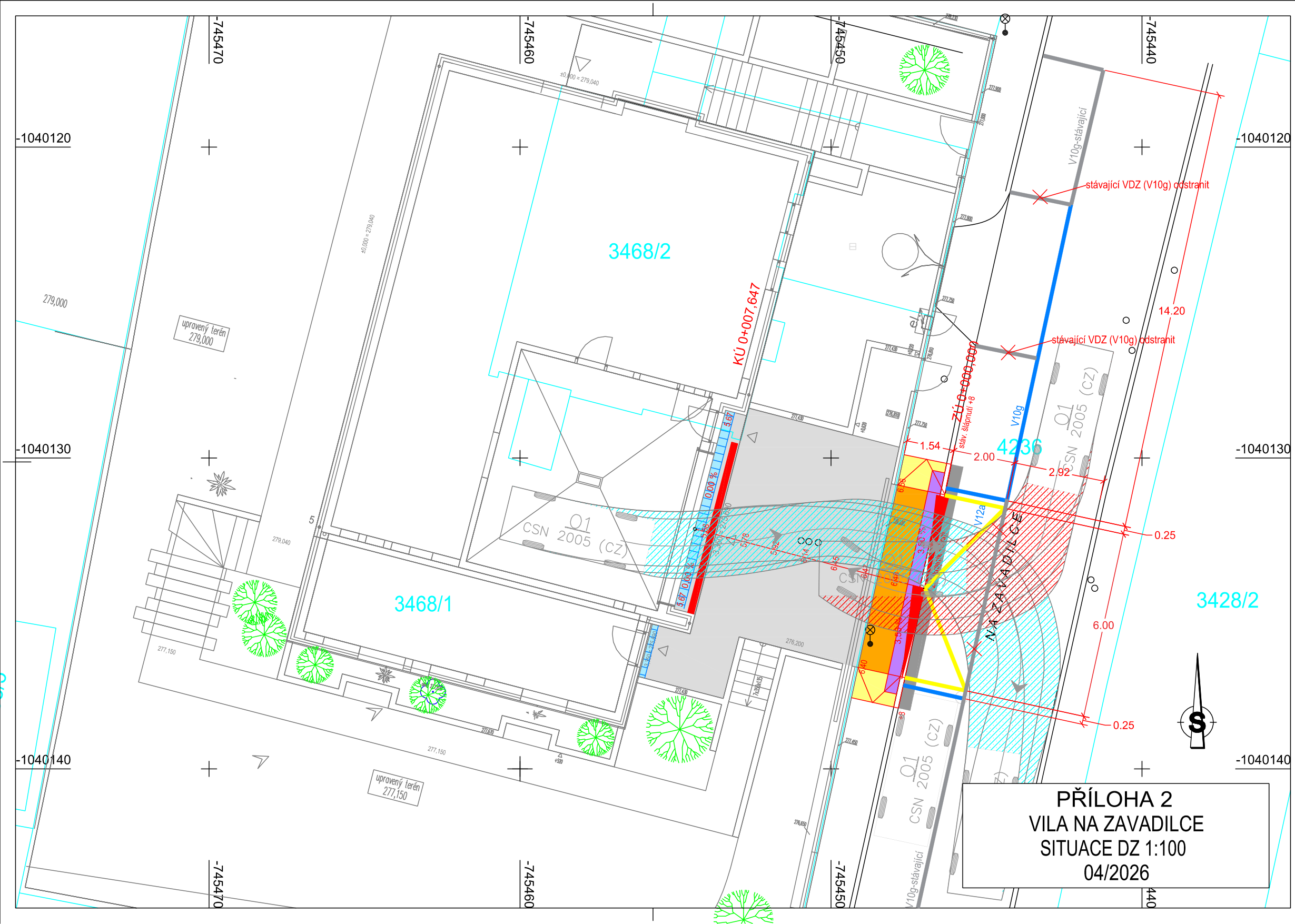 Situační nákres dopravního značení (DZ) pro projekt 'VILA NA ZAVADILCE', měřítko 1:100, datum 04/2026. Mapa zobrazuje parcely č. 3468/1, 3468/2 a 3428/2. Obsahuje technické údaje: stávající VDZ (V10g) k odstranění, vjezdy, kóty (14.20, 1.54, 2.00, 2.92, 6.00, 0.25), výškové kóty terénu (279,000; 277,150; 276,200), označení komunikace 'NA ZAVADILCE' a technické značení dle ČSN 2005 (CZ).