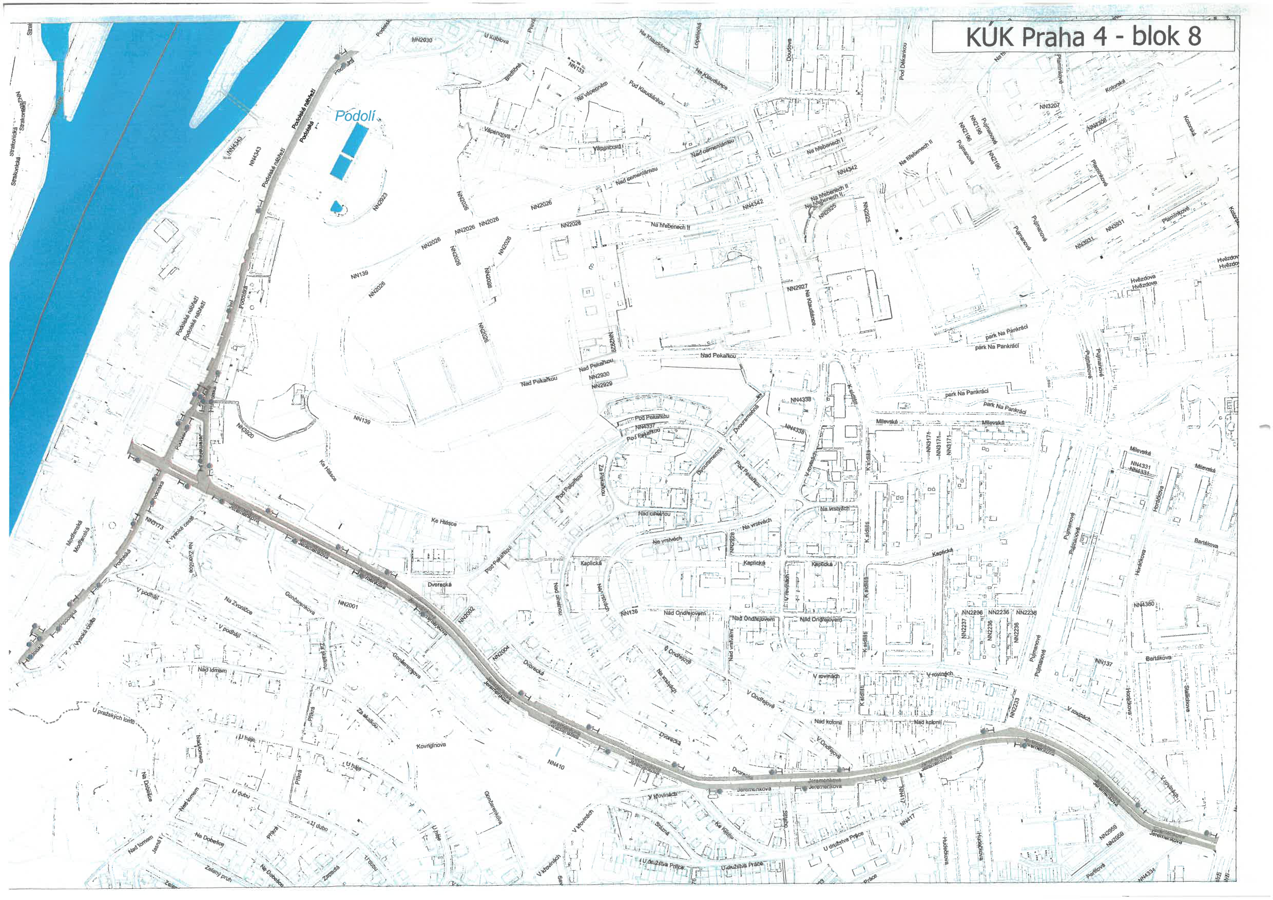 Mapa územního plánu (KÚK Praha 4 - blok 8) s vyznačenými pozemky.