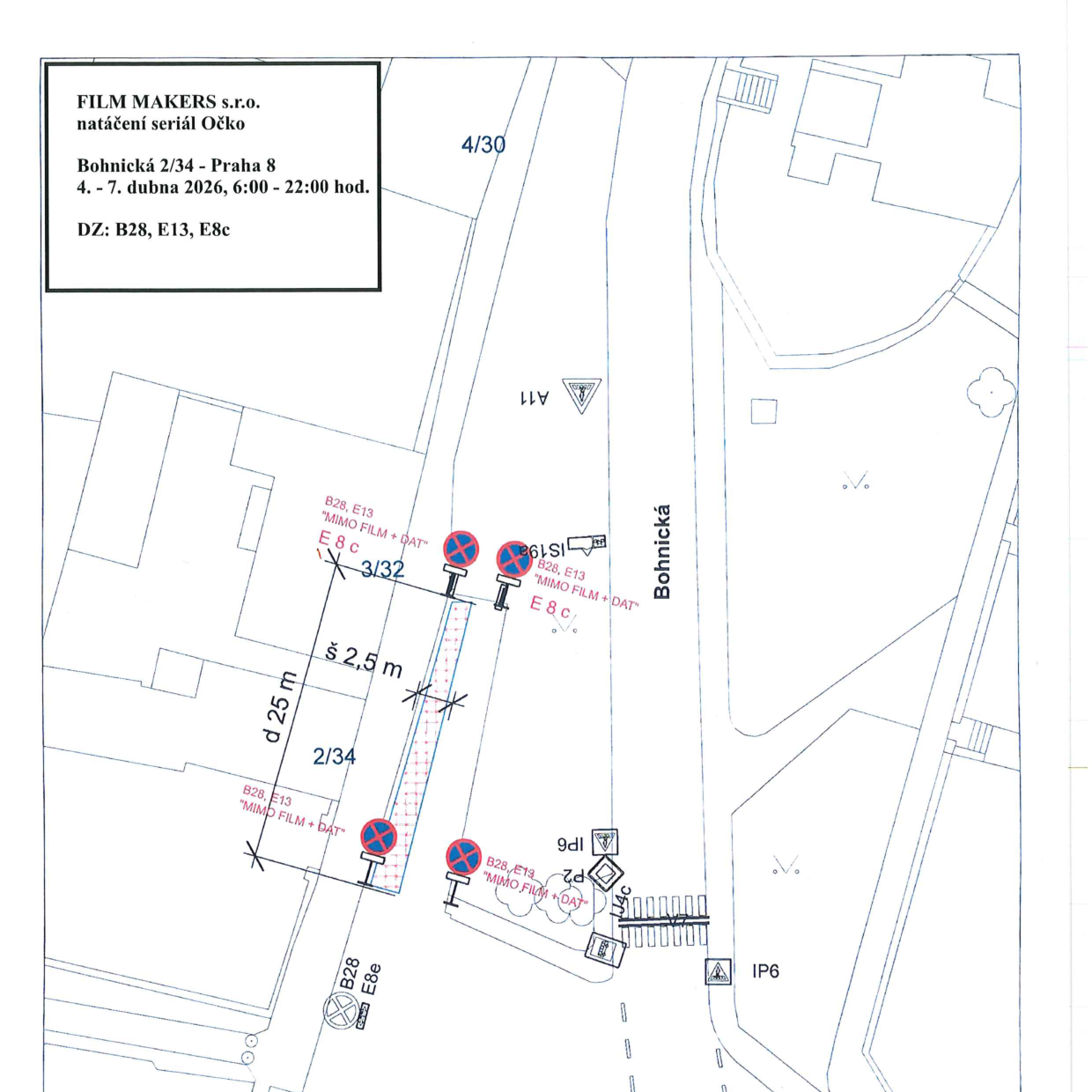 Situační nákres dopravního značení pro účely filmového natáčení v ulici Bohnická.