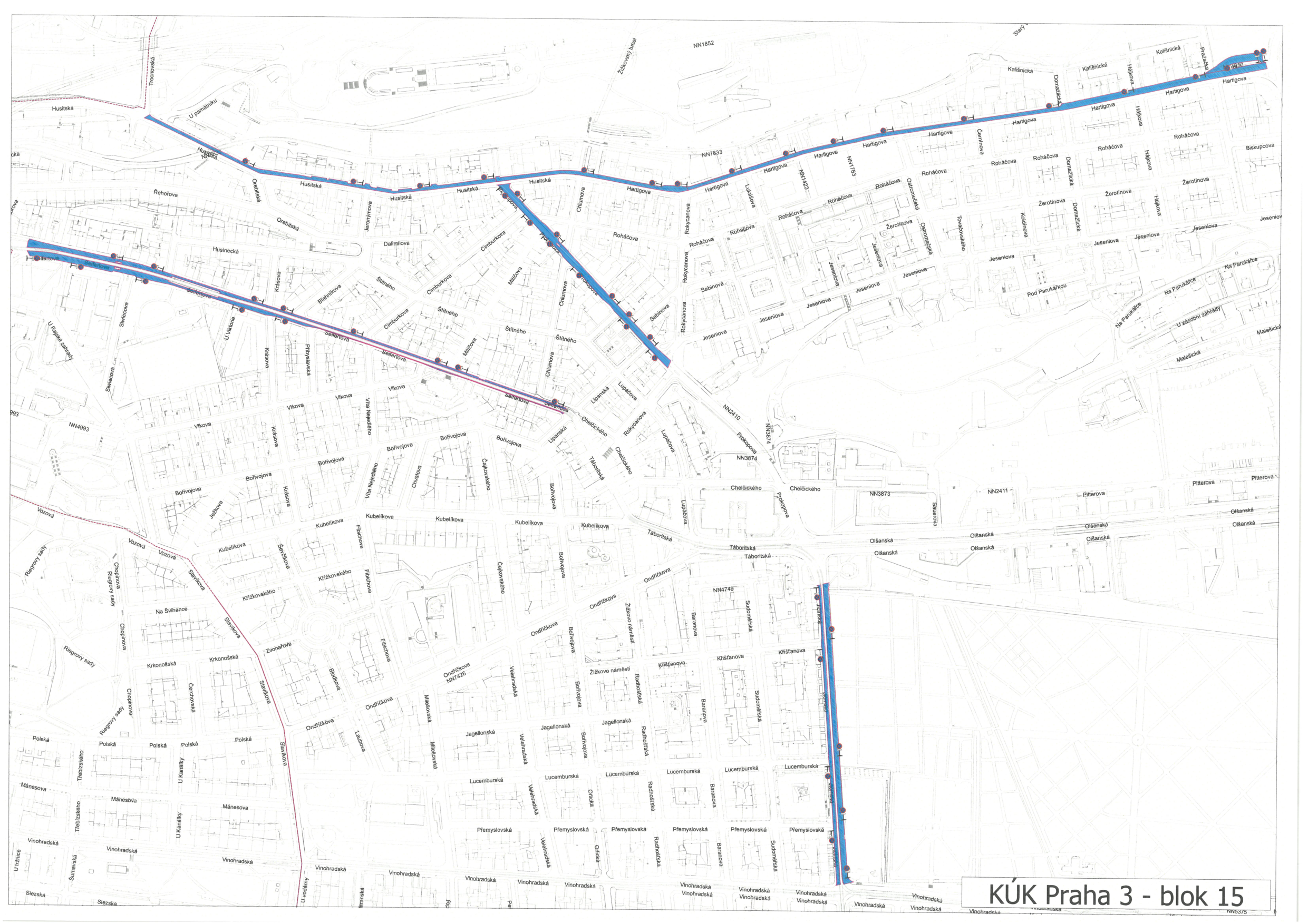 Situační plán s vyznačenými úseky v ulicích Prahy 3, pravděpodobně v rámci projektu zón placeného stání.