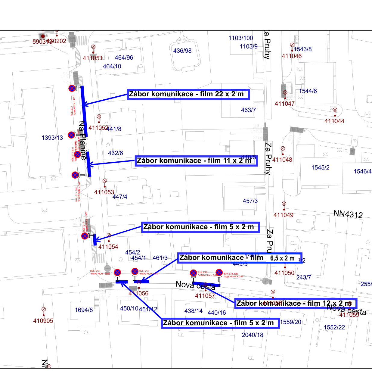 Situační nákres záboru komunikace pro filmové účely v dané lokalitě.