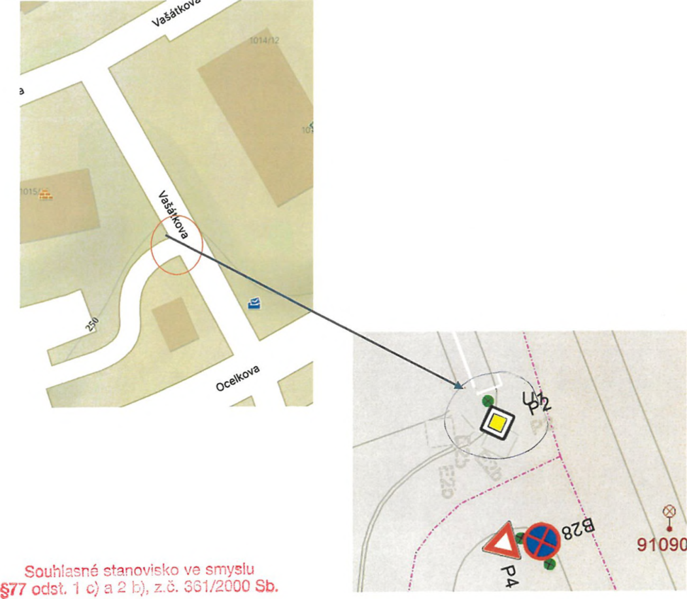 Situační nákres dopravního značení v ulici Vašátkova.