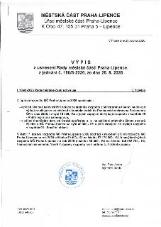 Výpis z usnesení Rady městské části Praha-Lipence č. 186/8-2026 ze dne 25. 8. 2026. Předmětem je úprava rozpočtu MČ Praha-Lipence 2026: 1) Přijetí účelové nein…