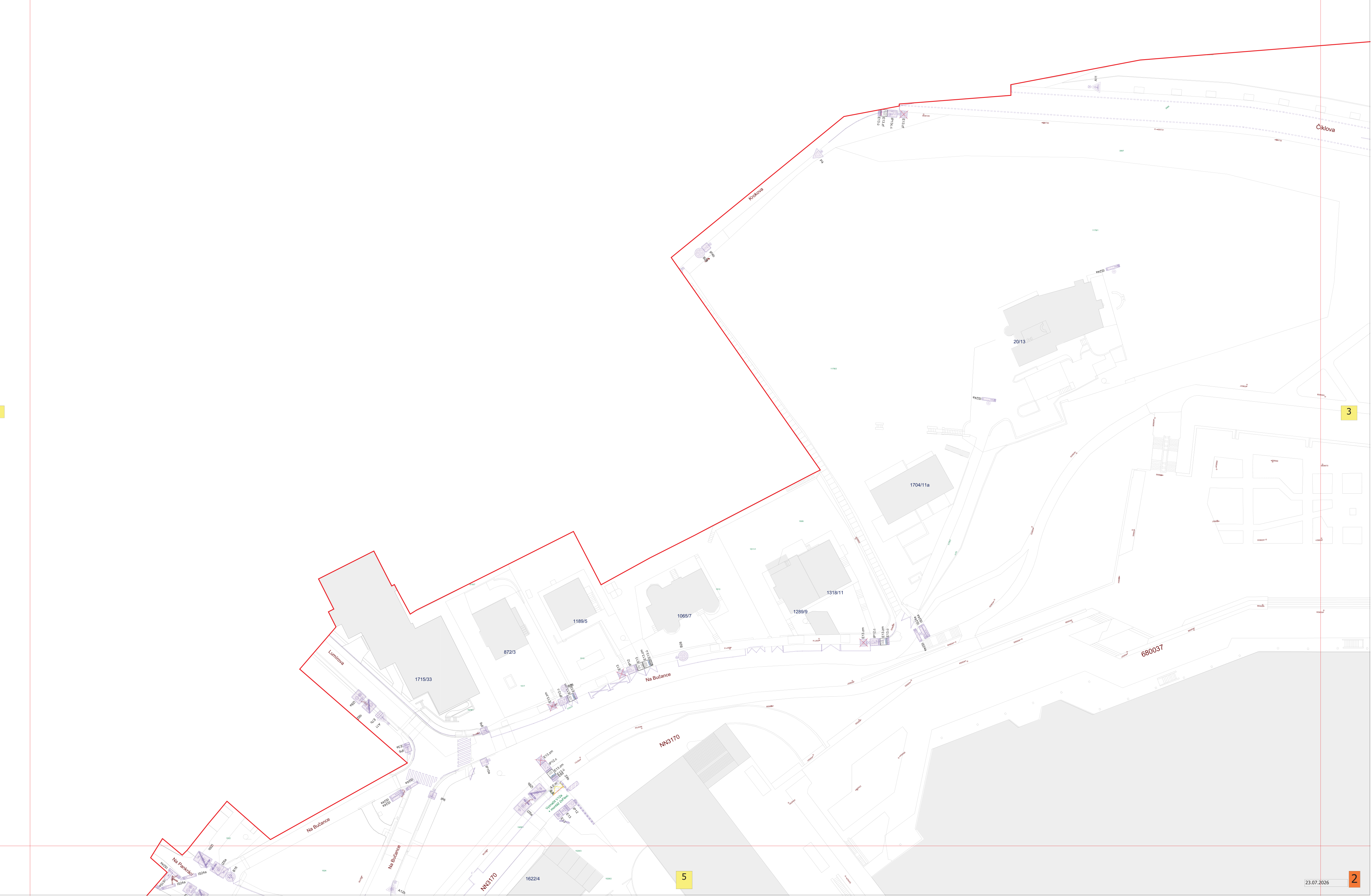 Technický situační výkres (katastrální mapa) zobrazující parcely a budovy v dané lokalitě. V mapě jsou patrná čísla parcel (např. 1715/33, 872/3, 1189/5, 1085/7, 1260/5, 1218/11, 1704/11a, 251/3), označení komunikací (např. NN3170, 680037) a názvy ulic (např. Na Bulance, Čišova). V pravém dolním rohu je uvedeno datum 23.07.2026 a číslo listu 2.