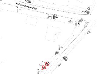 Situační nákres dopravního značení a uzavírky v ulici Květnového povstání. Jsou zde zobrazeny dopravní značky (např. omezení rychlosti 40 km/h, 30 km/h, výstra…