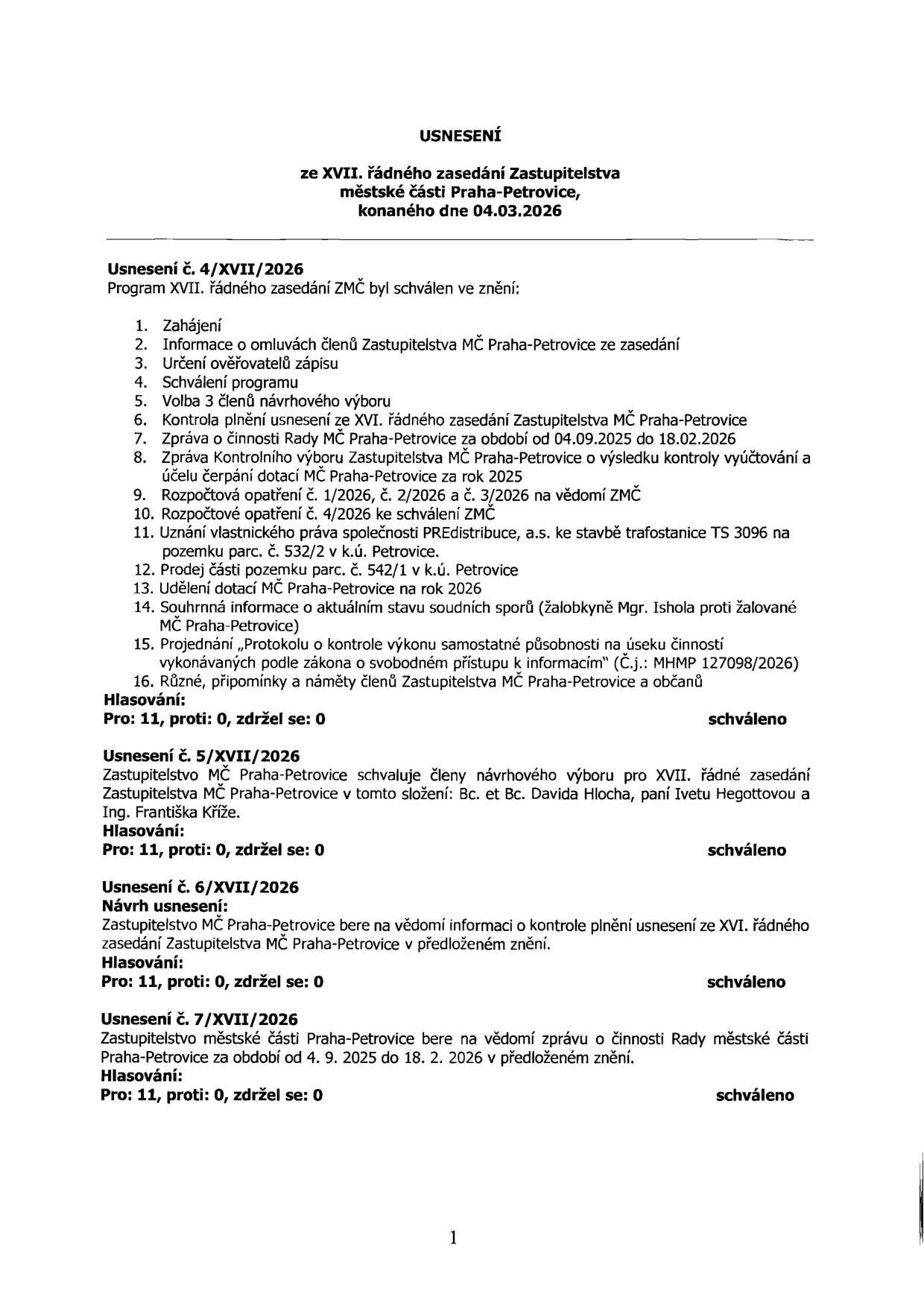 USNESENÍ ze XVII. řádného zasedání Zastupitelstva městské části Praha-Petrovice, konaného dne 04.03.2026. 

Usnesení č. 4/XVII/2026: Program XVII. řádného zasedání ZMČ byl schválen v tomto znění: 1. Zahájení, 2. Informace o omluvách členů, 3. Určení ověřovatelů zápisu, 4. Schválení programu, 5. Volba 3 členů návrhového výboru, 6. Kontrola plnění usnesení ze XVI. zasedání, 7. Zpráva o činnosti Rady MČ (04.09.2025 - 18.02.2026), 8. Zpráva Kontrolního výboru o kontrole vyúčtování dotací za rok 2025, 9. Rozpočtová opatření č. 1, 2, 3/2026, 10. Rozpočtové opatření č. 4/2026, 11. Uznání vlastnického práva PREdistribuce, a.s. ke stavbě trafostanice TS 3096 na pozemku parc. č. 532/2 v k.ú. Petrovice, 12. Prodej části pozemku parc. č. 542/1 v k.ú. Petrovice, 13. Udělení dotací MČ Praha-Petrovice na rok 2026, 14. Informace o soudních sporech (Mgr. Ishola proti MČ), 15. Kontrola výkonu samostatné působnosti (Č.j.: MHMP 127098/2026), 16. Různé. Hlasování: 11 pro, 0 proti, 0 zdržel se, schváleno.

Usnesení č. 5/XVII/2026: Schválení členů návrhového výboru: Bc. et Bc. David Hloch, paní Iveta Hegottová, Ing. František Kříž. Hlasování: 11 pro, 0 proti, 0 zdržel se, schváleno.

Usnesení č. 6/XVII/2026: Zastupitelstvo bere na vědomí informaci o kontrole plnění usnesení ze XVI. zasedání. Hlasování: 11 pro, 0 proti, 0 zdržel se, schváleno.

Usnesení č. 7/XVII/2026: Zastupitelstvo bere na vědomí zprávu o činnosti Rady MČ za období od 4. 9. 2025 do 18. 2. 2026. Hlasování: 11 pro, 0 proti, 0 zdržel se, schváleno.