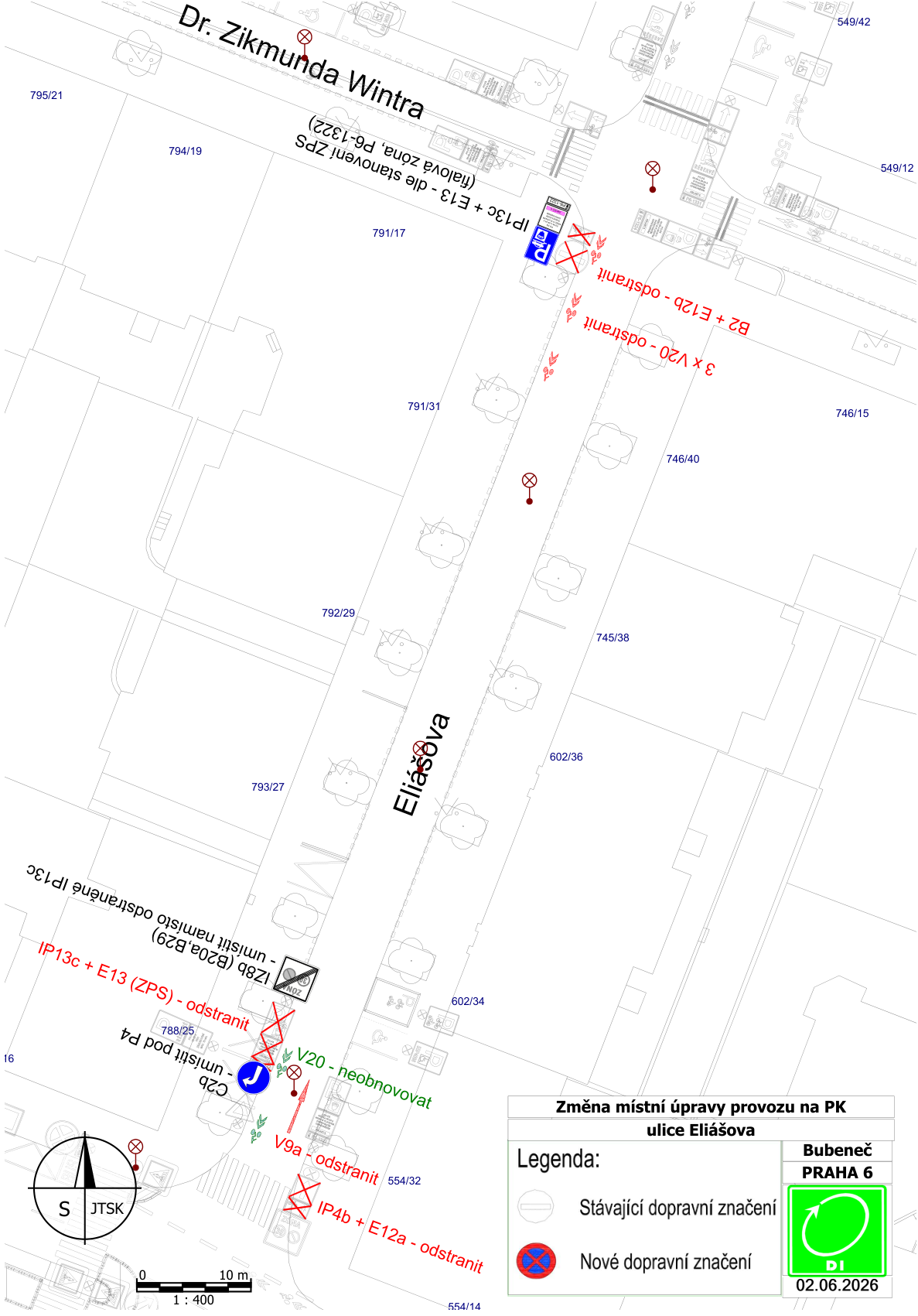 Situační nákres změny místní úpravy provozu na pozemní komunikaci v ulici Eliášova, Praha 6 - Bubeneč. Datum dokumentu: 02.06.2026. Mapa obsahuje katastrální čísla parcel (např. 795/21, 791/17, 746/40, 602/36, 554/32) a popis plánovaných změn dopravního značení: odstranění značek B2 + E12b, 3x V20, V9a, IP4b + E12a, IP13c + E13 (ZPS). Dále je plánováno umístění značek IP13c + E13 (fialová zóna, P6-1322), IZ8b (B20a, B29) a C2b pod P4. Legenda rozlišuje stávající a nové dopravní značení.