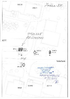 Situační nákres dopravního značení (změna DZ) s vyznačenými parcelami (587/18, 588/20, 5077, Notečská, 565/8, 564/10, 563/12), značkami IP12.rz, B1, E13 a razí…