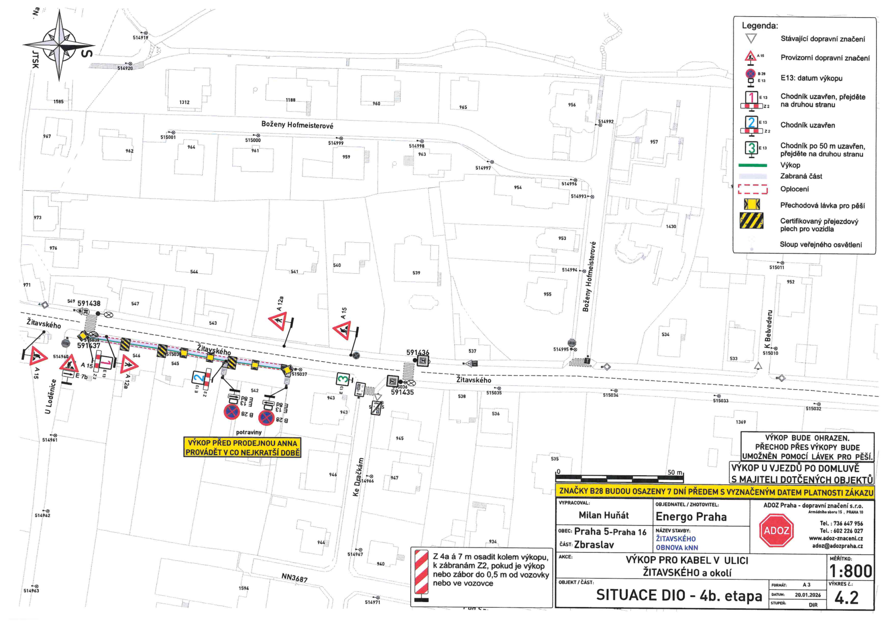 Situační plán dopravního značení a výkopových prací pro pokládku kabelů v ulici Žitavského.