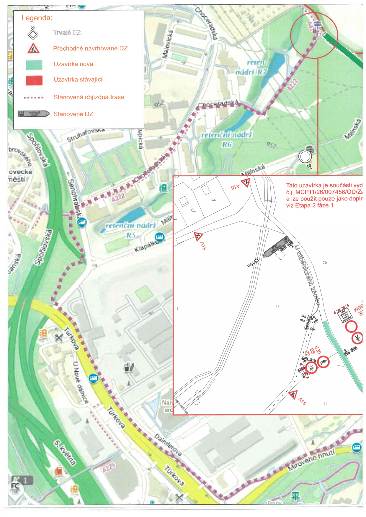 Situační plán dopravního značení a objízdné trasy v lokalitě Praha-Spořilov.