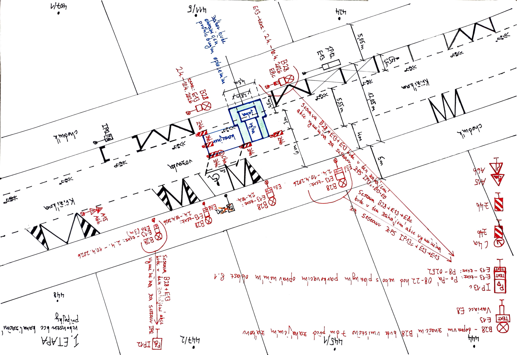 Dopravně inženýrské opatření pro 1. etapu stavebních prací na komunikaci.