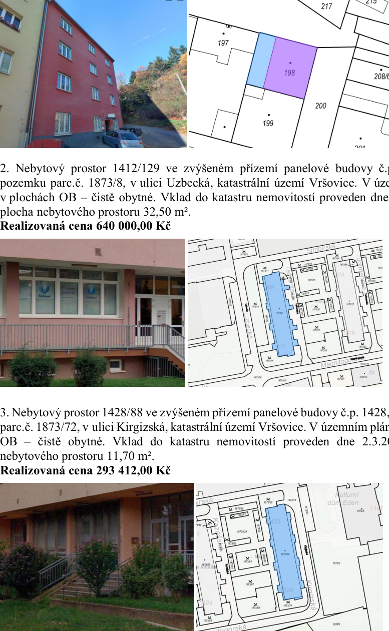 Dokument obsahuje informace o prodeji dvou nebytových prostorů v Praze-Vršovicích: 1) Nebytový prostor 1412/129 ve zvýšeném přízemí panelové budovy č.p. 1412 na pozemku parc.č. 1873/8, ulice Uzbecká, katastrální území Vršovice. Plocha 32,50 m², realizovaná cena 640 000,00 Kč. 2) Nebytový prostor 1428/88 ve zvýšeném přízemí panelové budovy č.p. 1428 na pozemku parc.č. 1873/72, ulice Kirgizská, katastrální území Vršovice. Plocha 11,70 m², realizovaná cena 293 412,00 Kč. Součástí jsou fotografie budov a výřezy z katastrálních map.