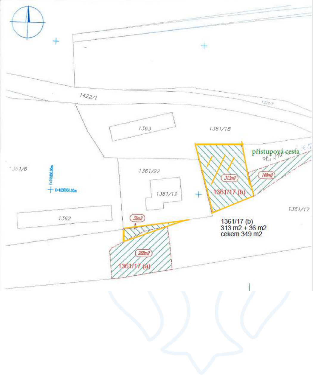 Katastrální situační nákres rozdělení pozemku parc. č. 1361/17 na části (a) a (b) s vyznačenými výměrami.